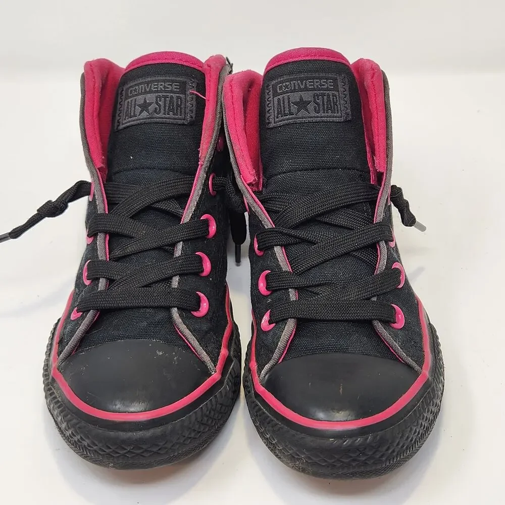 Converse All Star Girls Junior Black Hot Pink Mid Top Sneakers Size 2 Lace Up